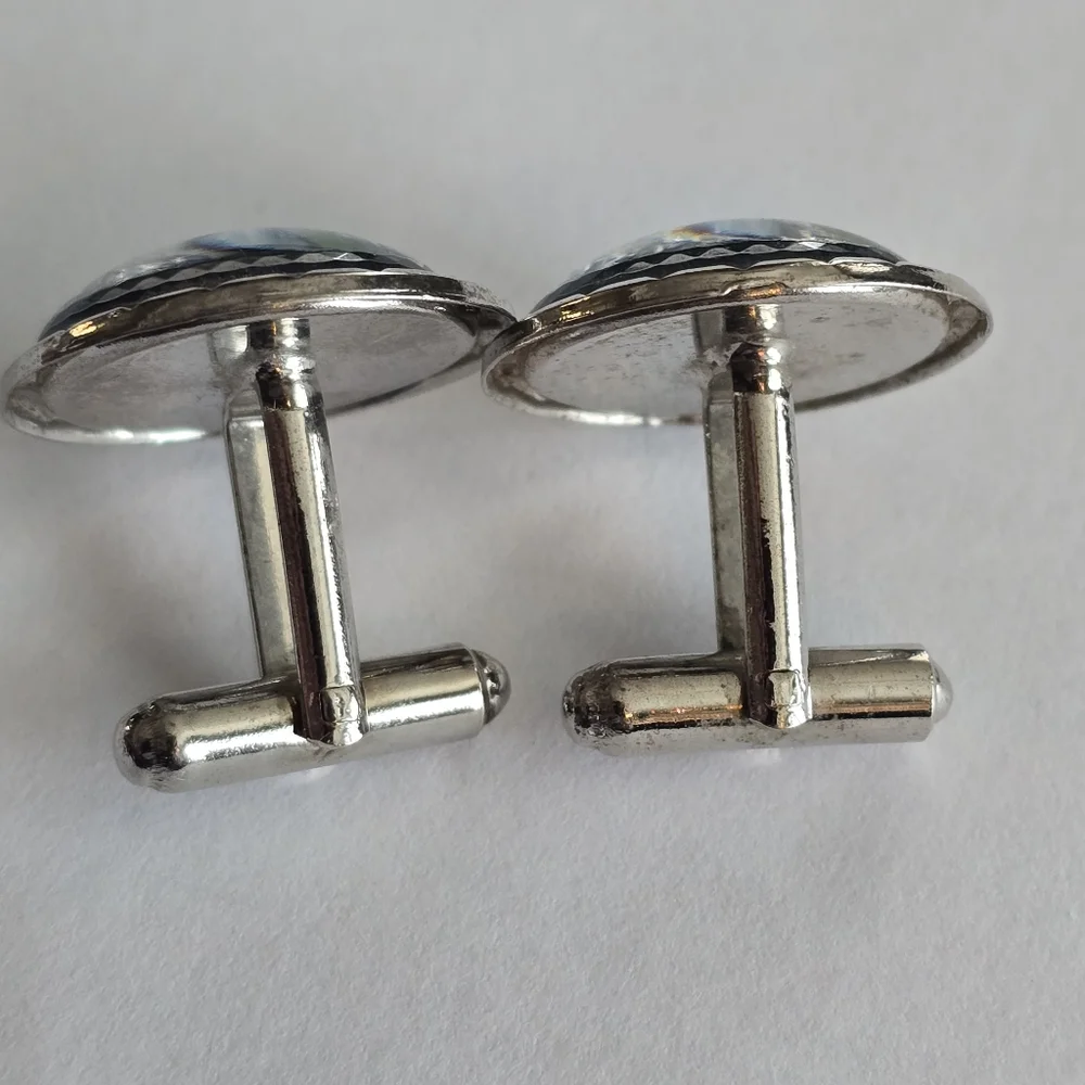Vintage cuff links Lake Champlain Ferry Crossings silver tone bubble dome